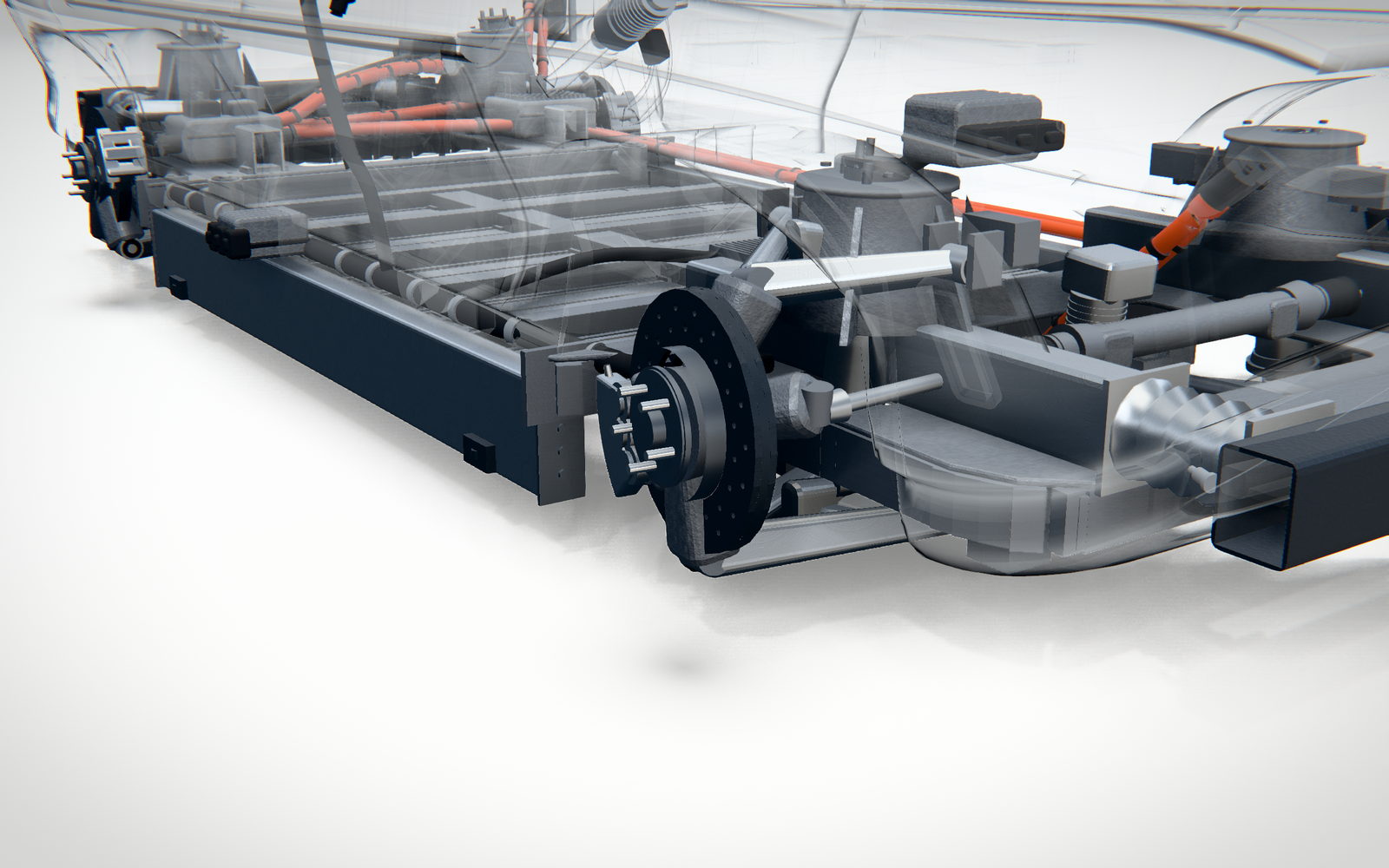 Eine Ecke der Plattform ohne Rad: Bremsscheibe und Radnabe, die Lenker darüber, dahinter die Kante des Batteriepakets mit einer orangefarbenen Hochvoltleitung