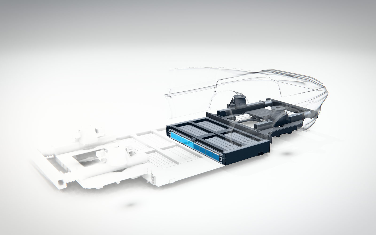 Eine Schnittebene längs durch das Auto: das Batteriepaket ist aufgeschnitten, an der Schnittfläche stehen die blauen Zellreihen, die vordere Hälfte ist weiss weggeschnitten und die Karosserie bleibt als durchscheinender Umriss