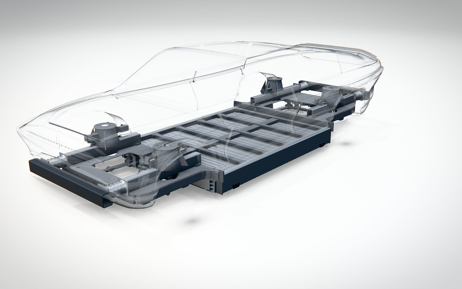 Die Karosserie als durchscheinende Röntgenhülle, darin die Plattform mit der Batteriewanne im Fahrzeugboden