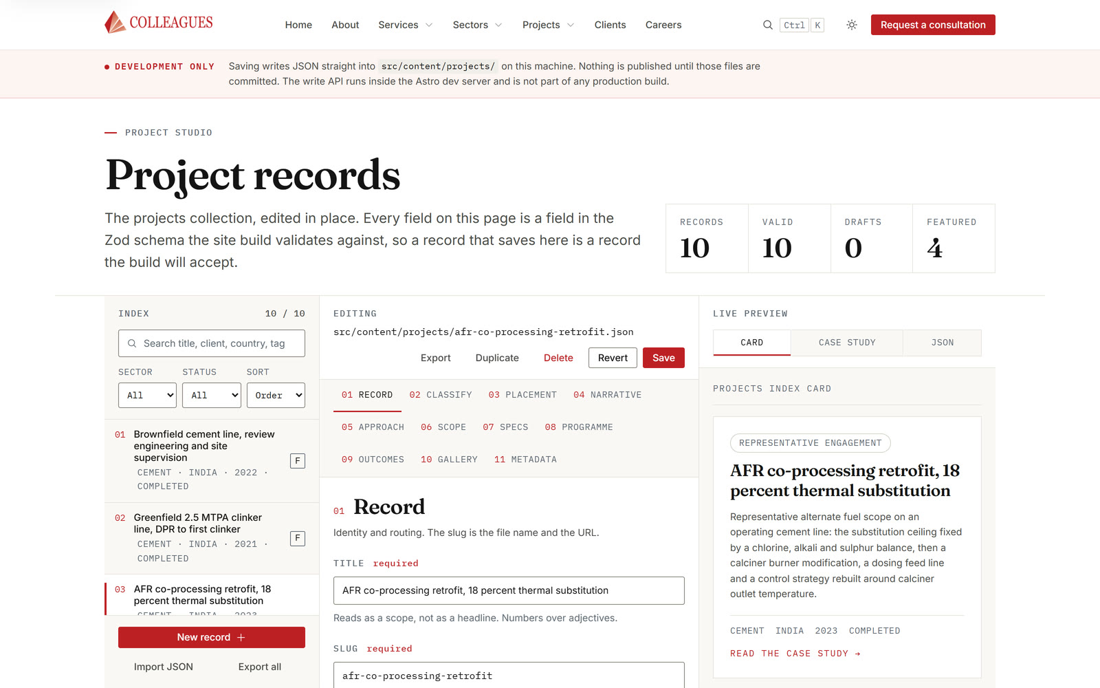 Lokale Redaktionsoberfläche: Liste der Datensätze, Formular und Vorschau nebeneinander