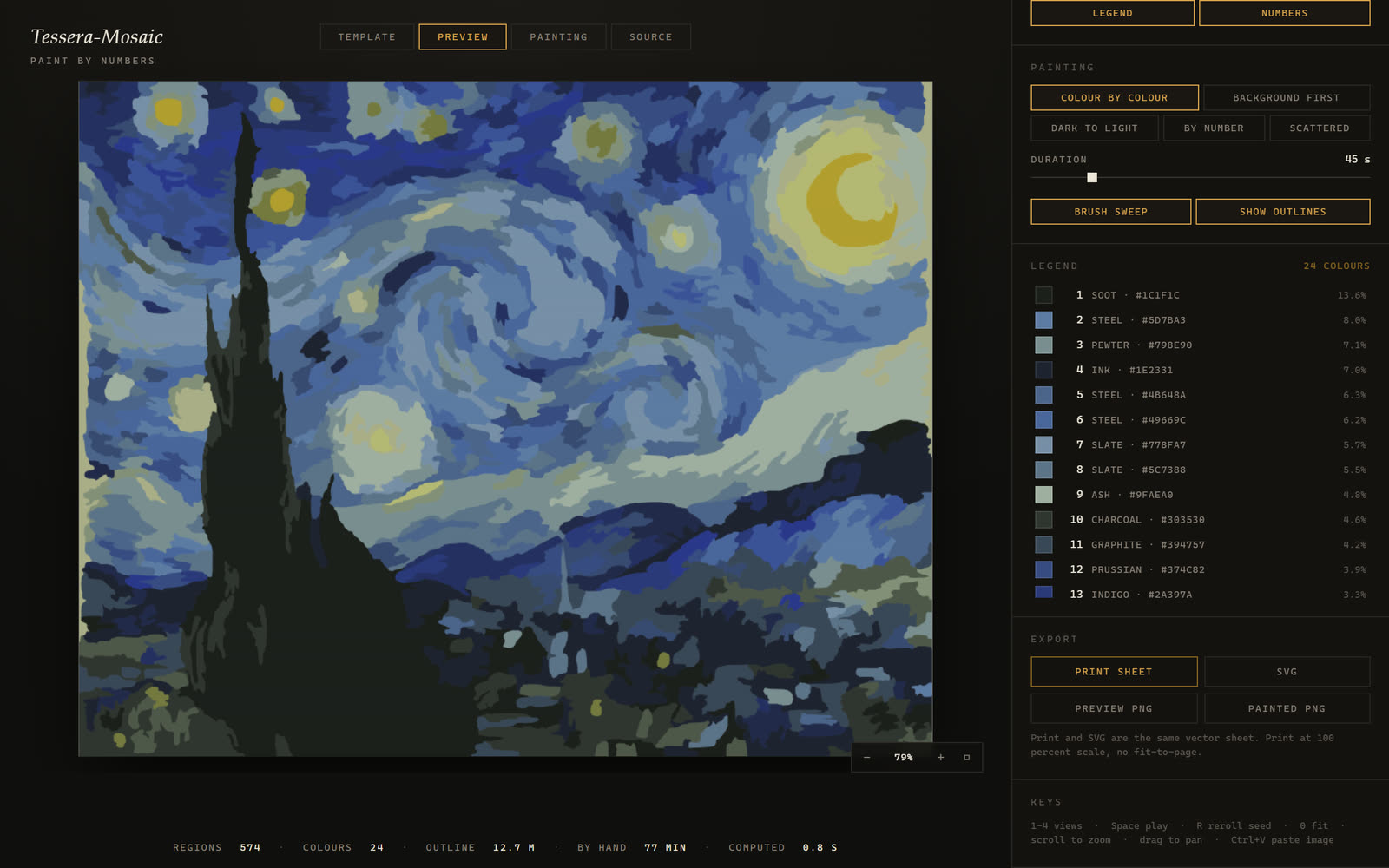 Bildschirmaufnahme von Tessera-Mosaic in der Vorschauansicht: das auf vierundzwanzig Farben reduzierte Bild neben einer Legende mit Nummer, Farbwert und Flächenanteil je Farbe.