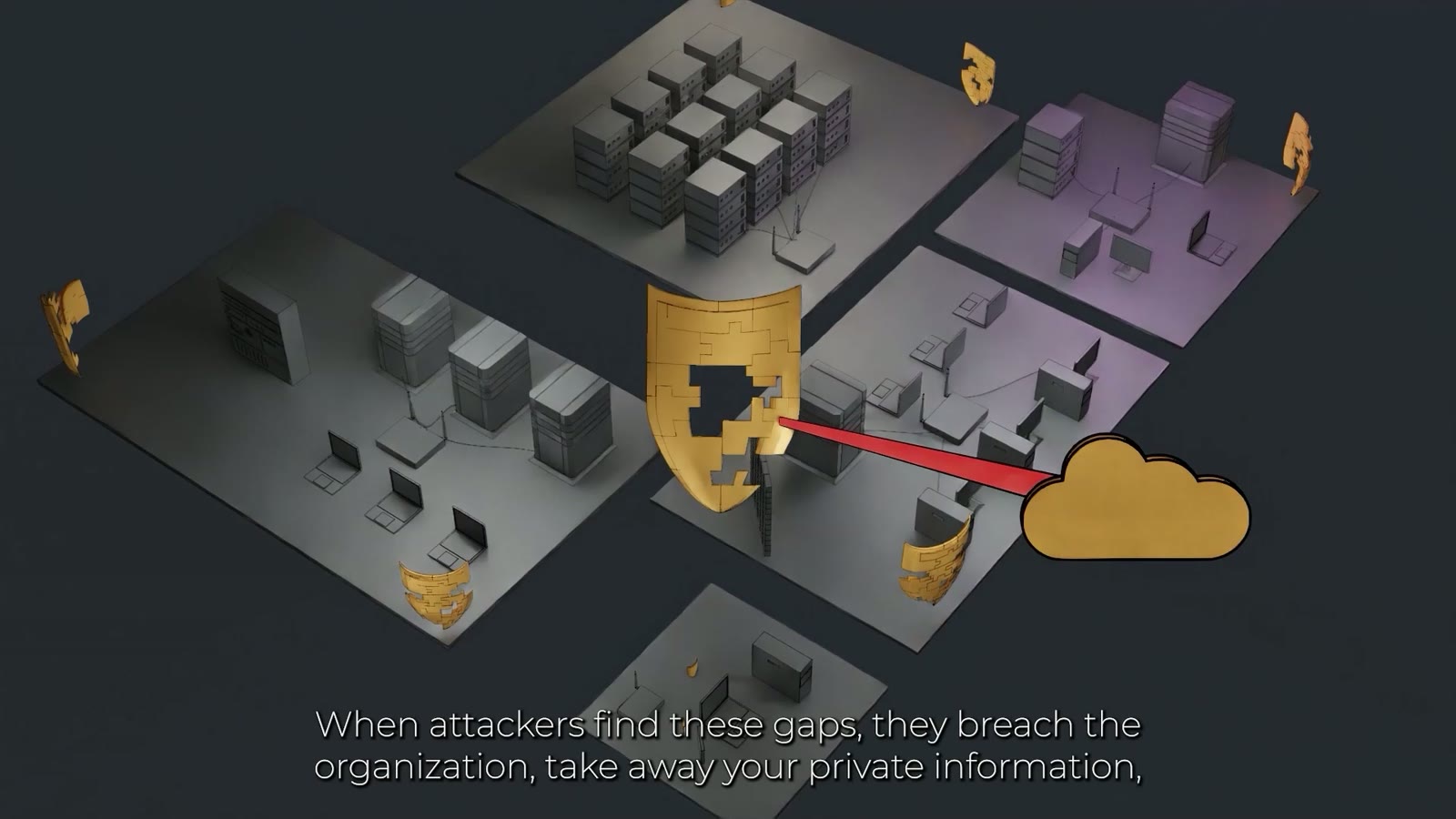 A red attack line passes through the gap in the shield and on to the cloud