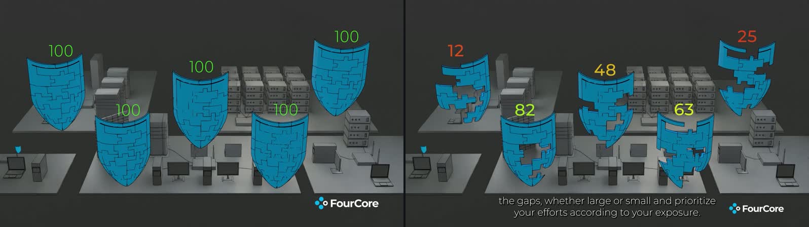 The ending twice: the first cut with a hundred on every holed shield at left, the final with graded scores at right