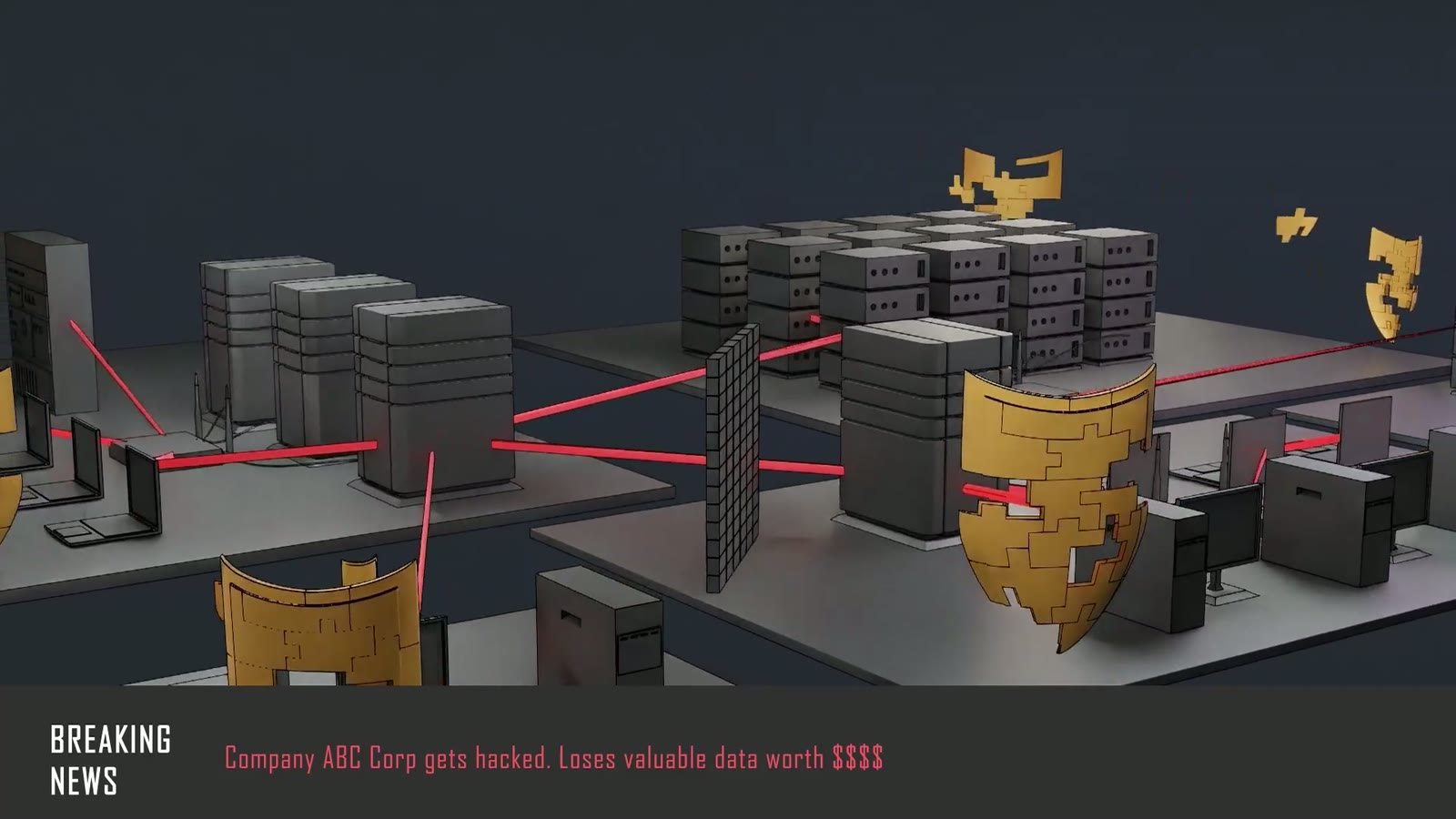 A breaking-news bar overlaid on the scene