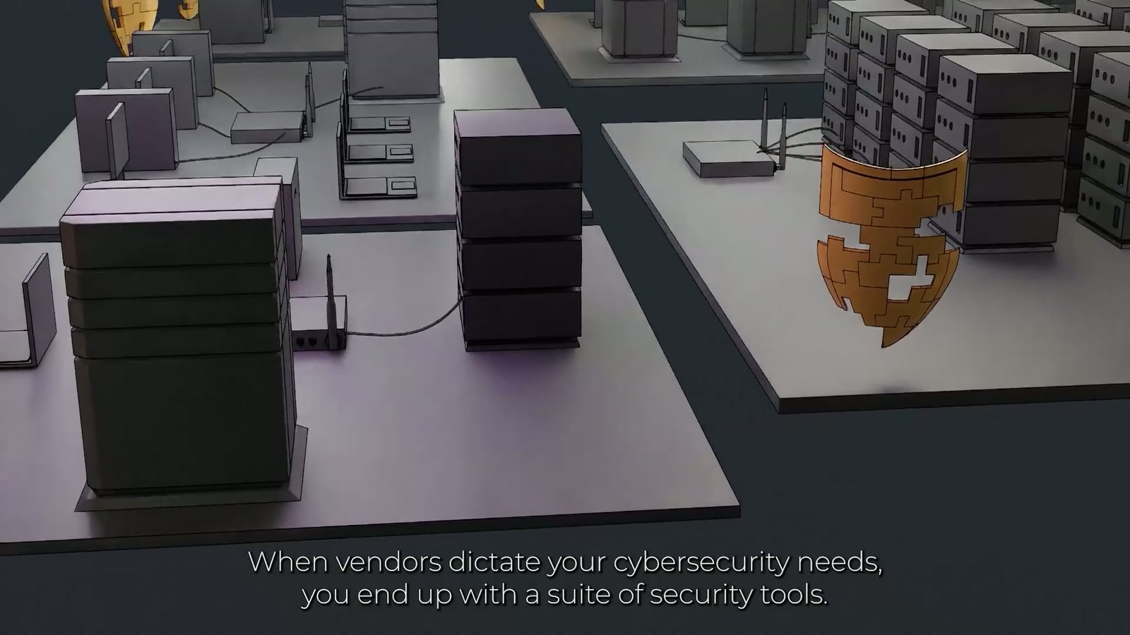 Isometric plates carrying server racks and desks, a gold shield standing on each