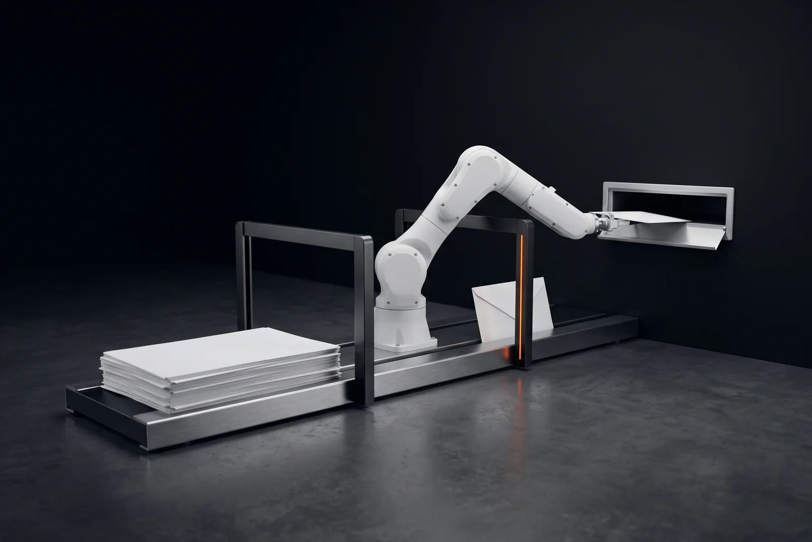 Ein weißer Roboterarm auf einer Schiene zwischen zwei Toren, das nahe offen, das ferne geschlossen mit einem wartenden Dokument und einer orange leuchtenden Fuge