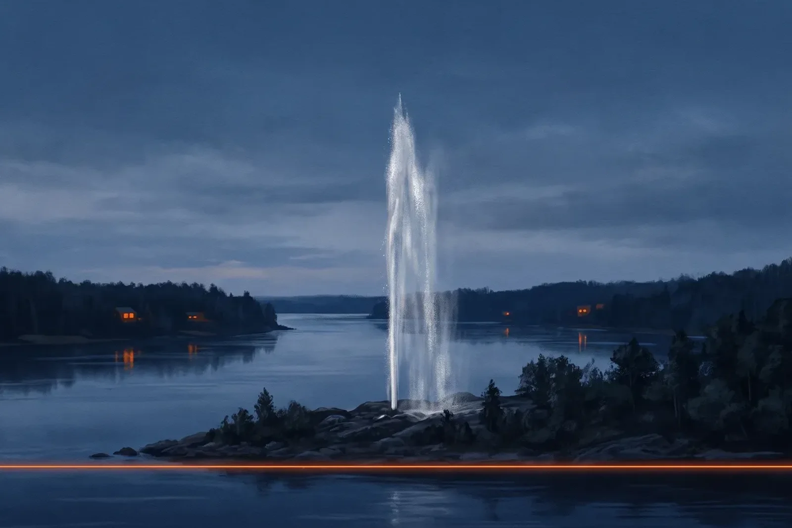 Illustration: der Geysir Andernach auf dem Namedyer Werth wirft eine hohe Wasserfontäne in den Abendhimmel, im Hintergrund der Rhein und dunkle Uferbäume, eine feine orange Lichtlinie am Ufer