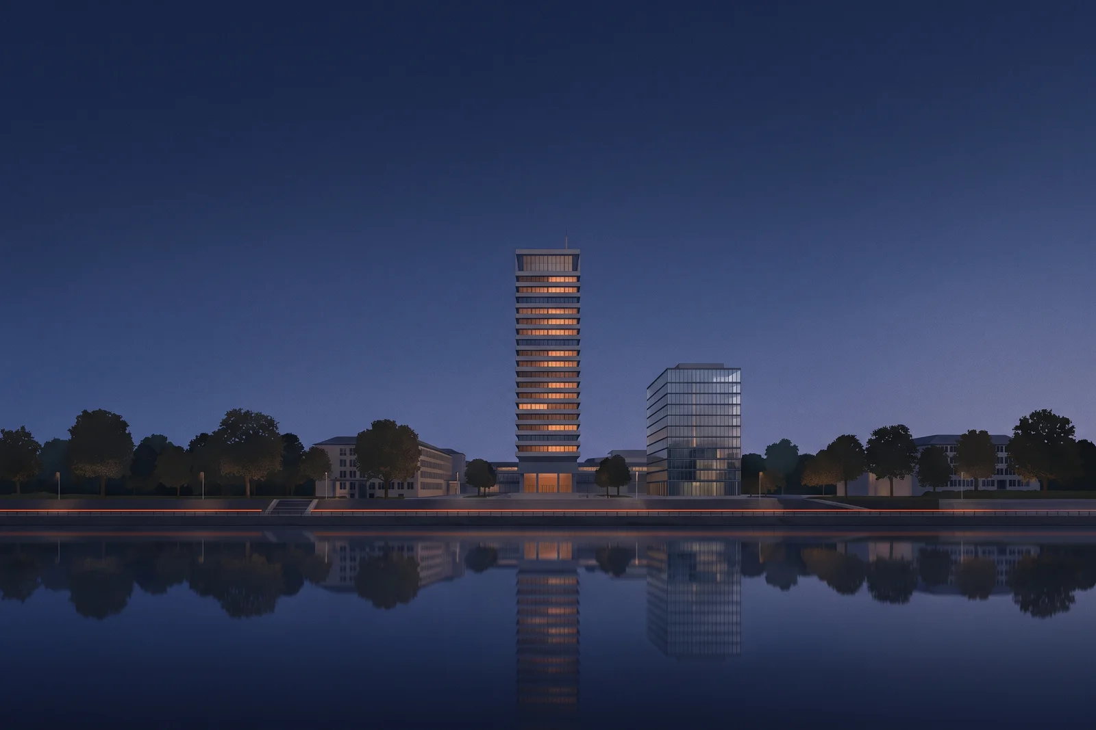 Illustration: der UN-Campus in Bonn mit dem Hochhaus Langer Eugen am Rheinufer in der Abenddämmerung, eine feine orange Lichtlinie an der Uferpromenade