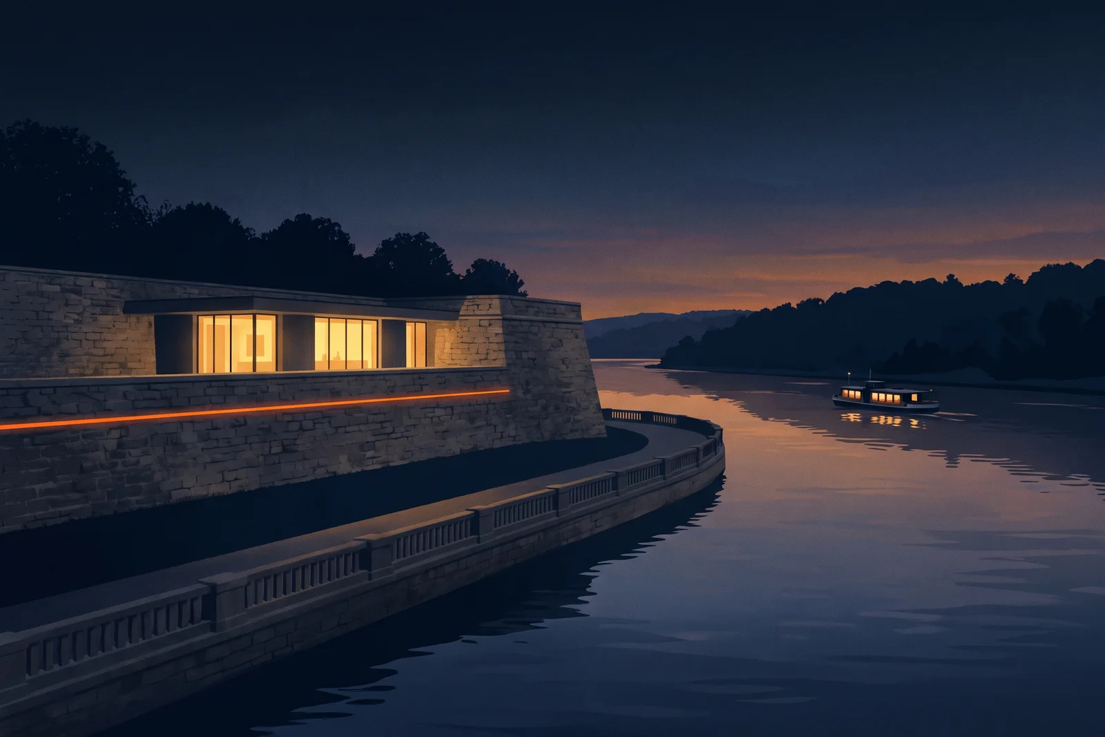 Illustration: die Rheinpromenade am Alter Zoll in Bonn in der Abenddämmerung, eine steinerne Bastion am Ufer, gegenüber die bewaldete Silhouette des Siebengebirges
