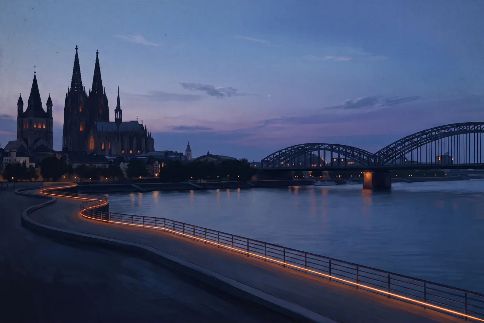Illustration: der Kölner Dom und die Hohenzollernbrücke vom Deutzer Rheinufer aus gesehen in der Abenddämmerung, der Fluss spiegelt den Himmel