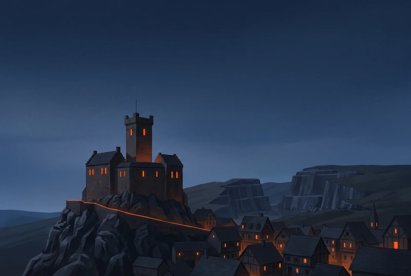 Illustration: die Genovevaburg mit ihrem Turm auf dem Burgfelsen über der Mayener Altstadt in der Abenddämmerung, dahinter gestufte Basaltfelsen, eine orange Lichtlinie am Fuß des Burgfelsens