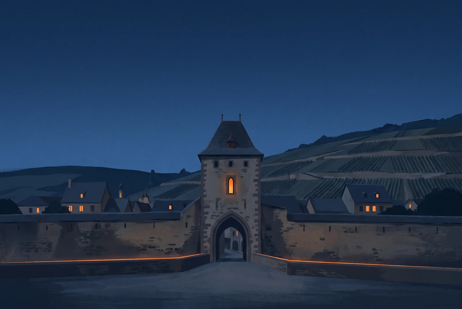 Illustration: ein mittelalterliches Stadttor mit Torbogen und kleinem Turm an der Ahrweiler Stadtmauer in der Abenddämmerung, dahinter Weinberge, eine orange Lichtlinie am Mauerfuß