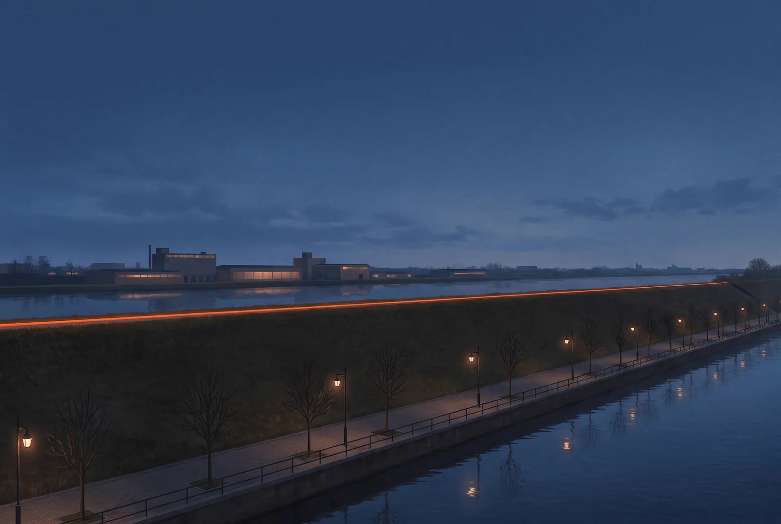 Illustration: die Deichpromenade von Neuwied am Rhein in der Abenddämmerung mit Bäumen und Lampen auf der Deichkrone, gegenüber niedrige Uferbebauung, eine orange Lichtlinie auf dem Deich