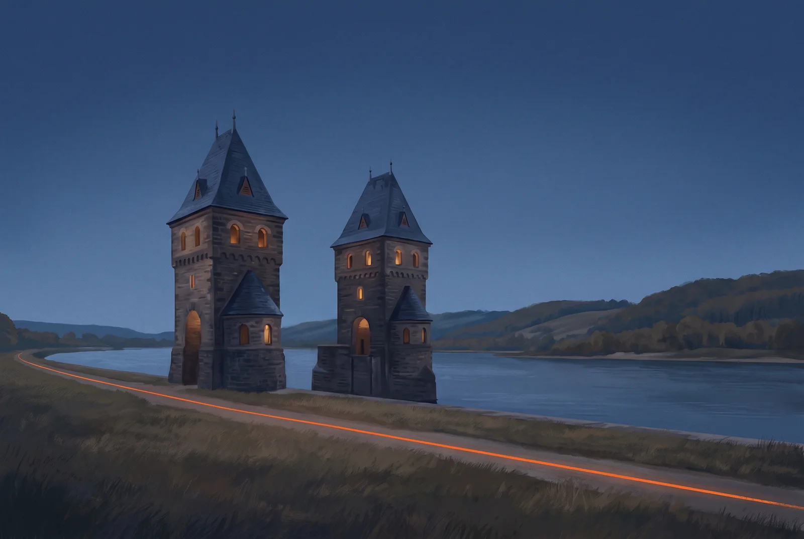 Illustration: die beiden erhaltenen Brückentürme der ehemaligen Ludendorff-Brücke am Remagener Rheinufer in der Abenddämmerung, warmes Licht in den Fensteröffnungen, eine feine orange Lichtlinie am Uferweg