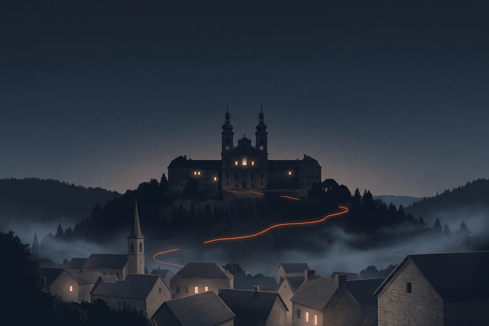 Illustration: die Abtei Michaelsberg mit zwei Türmen auf einem bewaldeten Hügel über Siegburg in der Abenddämmerung, darunter Dächer und ein Kirchturm der Stadt