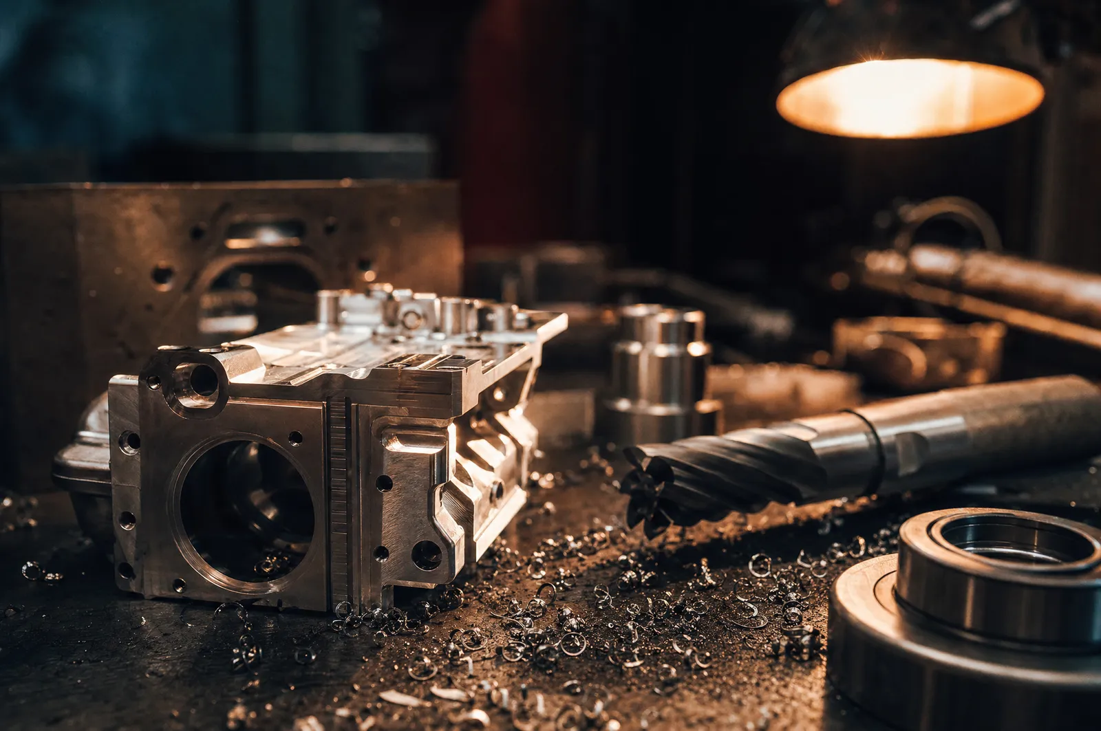 Werkbank in einer Metallwerkstatt mit gefrästen Bauteilen und Spänen im warmen Licht