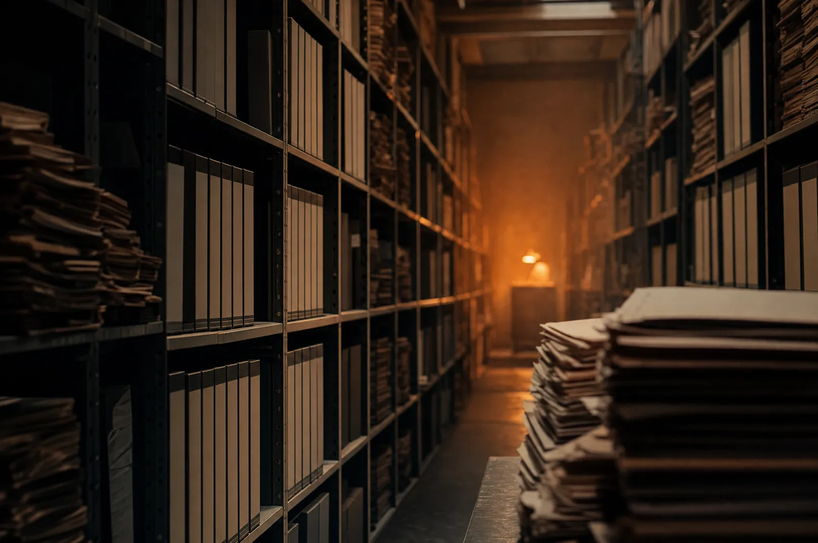 Archivgang mit Regalen voller Ordner und Papierstapel, am Ende eine warme Lampe