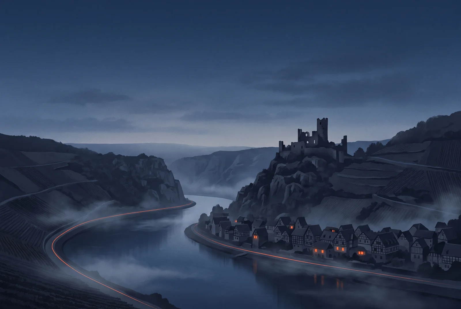 Illustration in der Abenddämmerung: eine Flussschleife des Rheins mit Weinbergterrassen, einer Burgruine auf einem Felsen und einem Dorf am Ufer