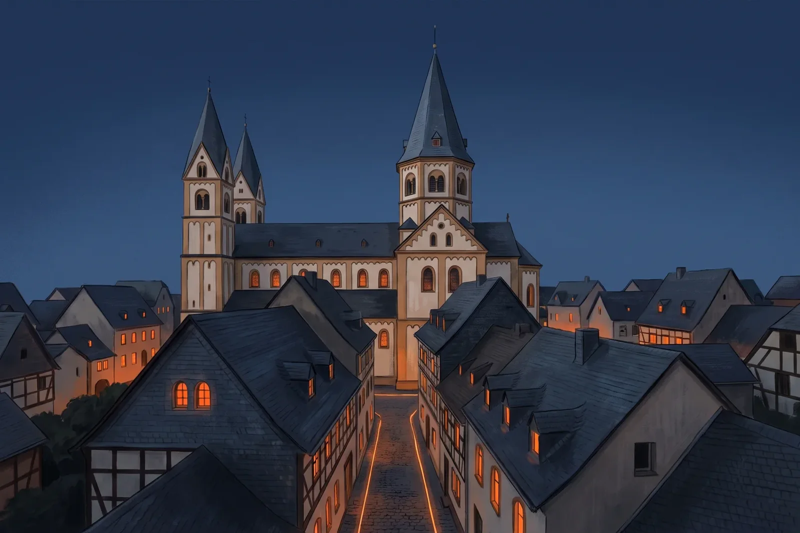 Illustration: die spätromanische Sinziger Pfarrkirche über den Dächern der Altstadt in der Abenddämmerung, warmes Licht in den Fenstern, eine feine orange Lichtlinie auf der Gasse davor