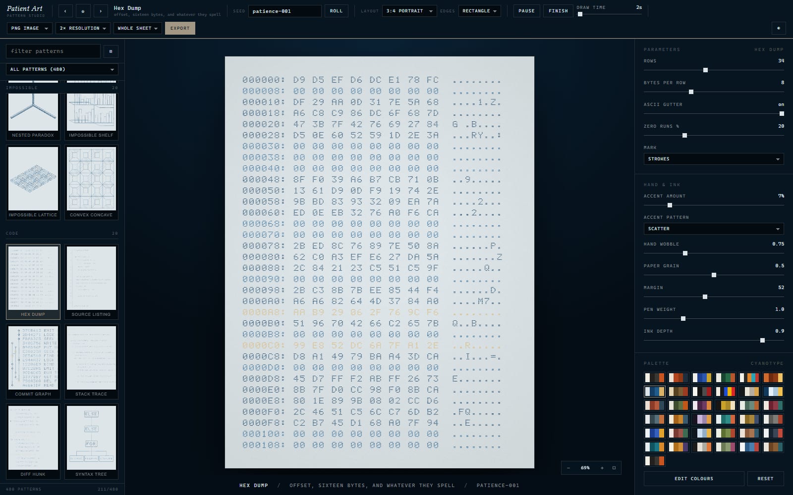 Ein Blatt, das wie ein Hexdump gesetzt ist