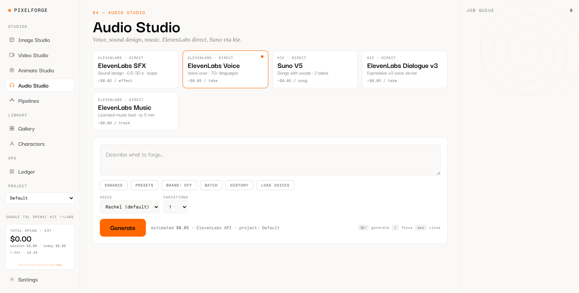 Audio Studio de PixelForge con cinco tarjetas de modelo para efectos, locución, canciones y bases musicales, y un selector de voz