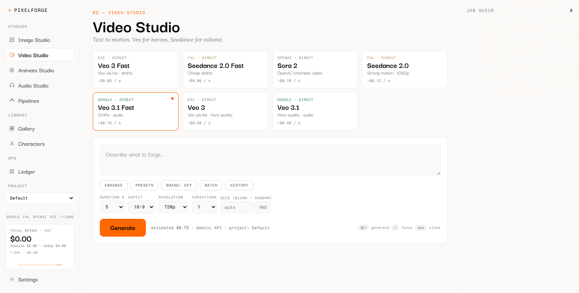 Video Studio de PixelForge con siete tarjetas de modelo de cuatro proveedores, debajo los controles de duración, relación de aspecto, resolución, variantes y seed
