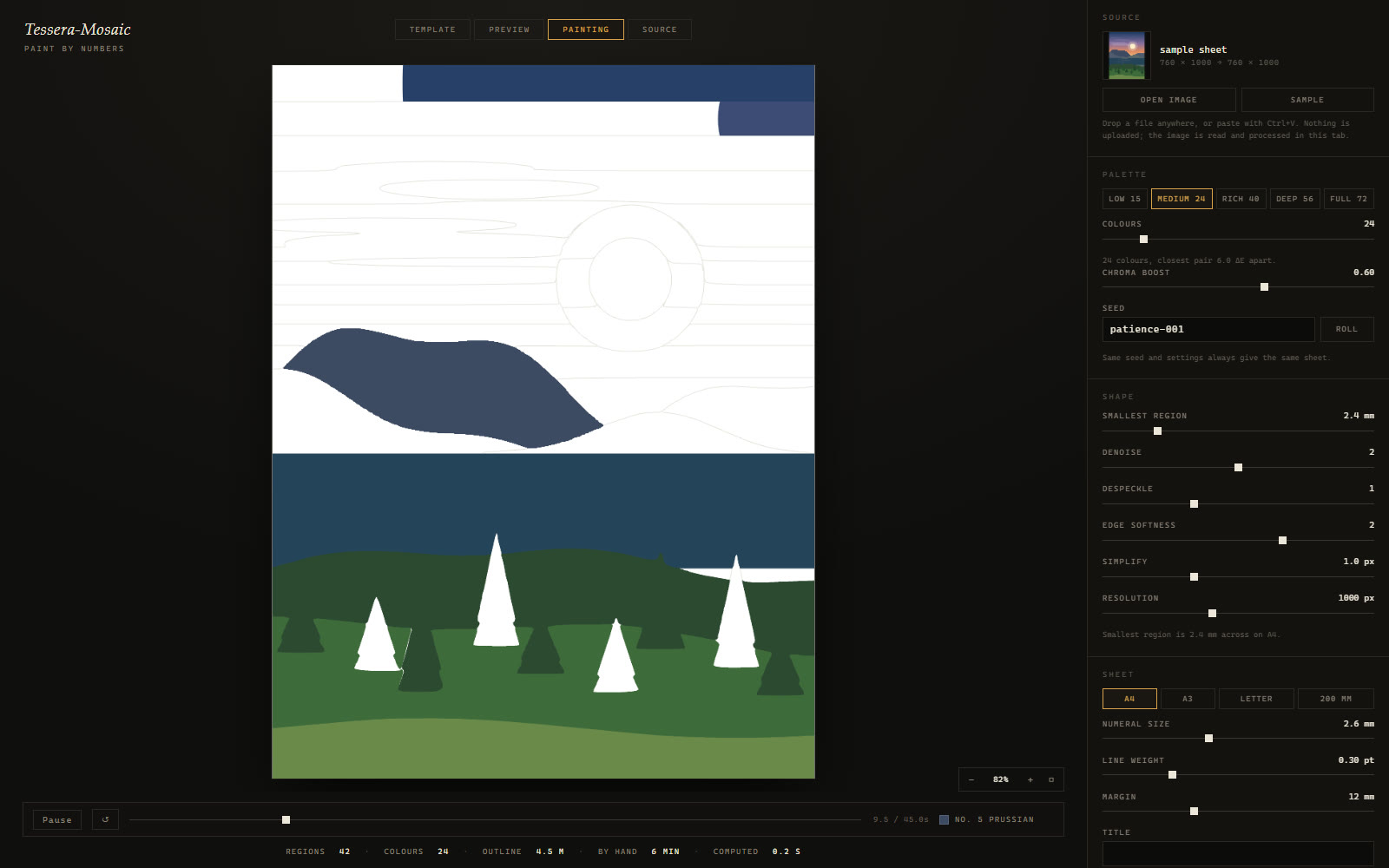 Derselbe Bogen halb ausgemalt, mit sichtbarer Zeitleiste