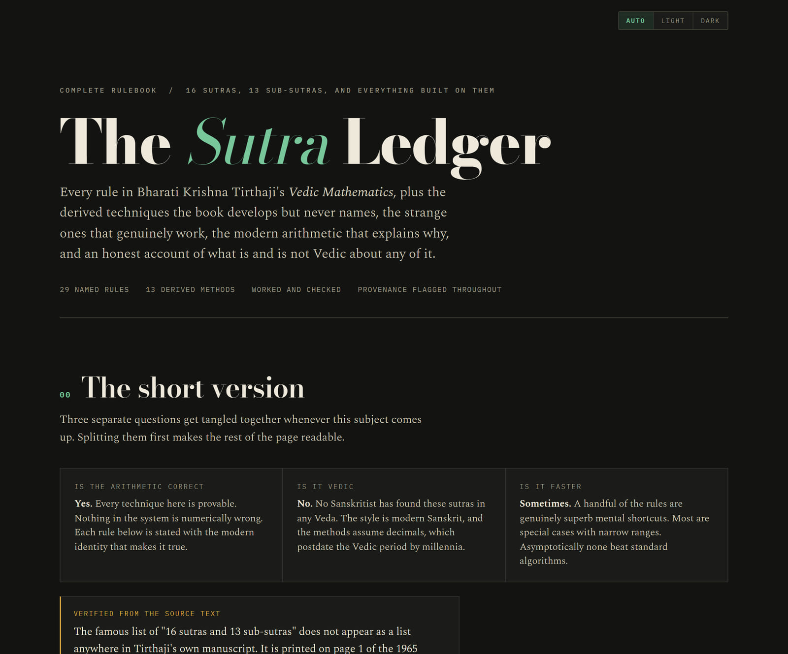 Titelseite des Regelwerks The Sutra Ledger mit drei Antwortkarten zu Korrektheit, Herkunft und Geschwindigkeit