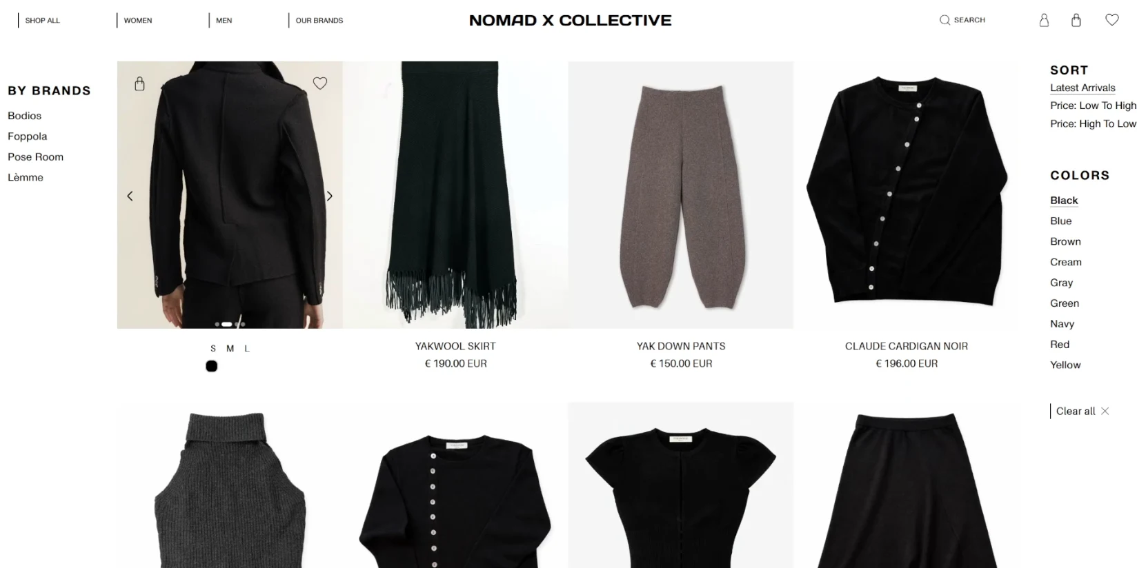 Katalog, gefiltert auf die Farbe Schwarz, mit aktivem Filter und Zurücksetzen