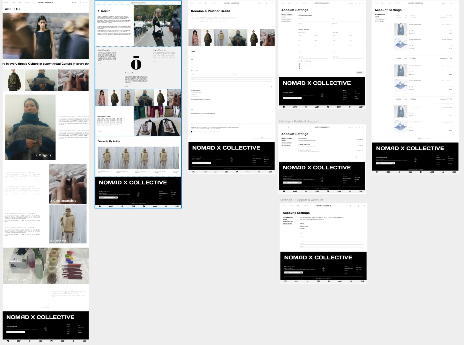 Entwurfsfläche mit den Seitenvorlagen für Storefront, Markenseite, Partnerprogramm und Kontoeinstellungen