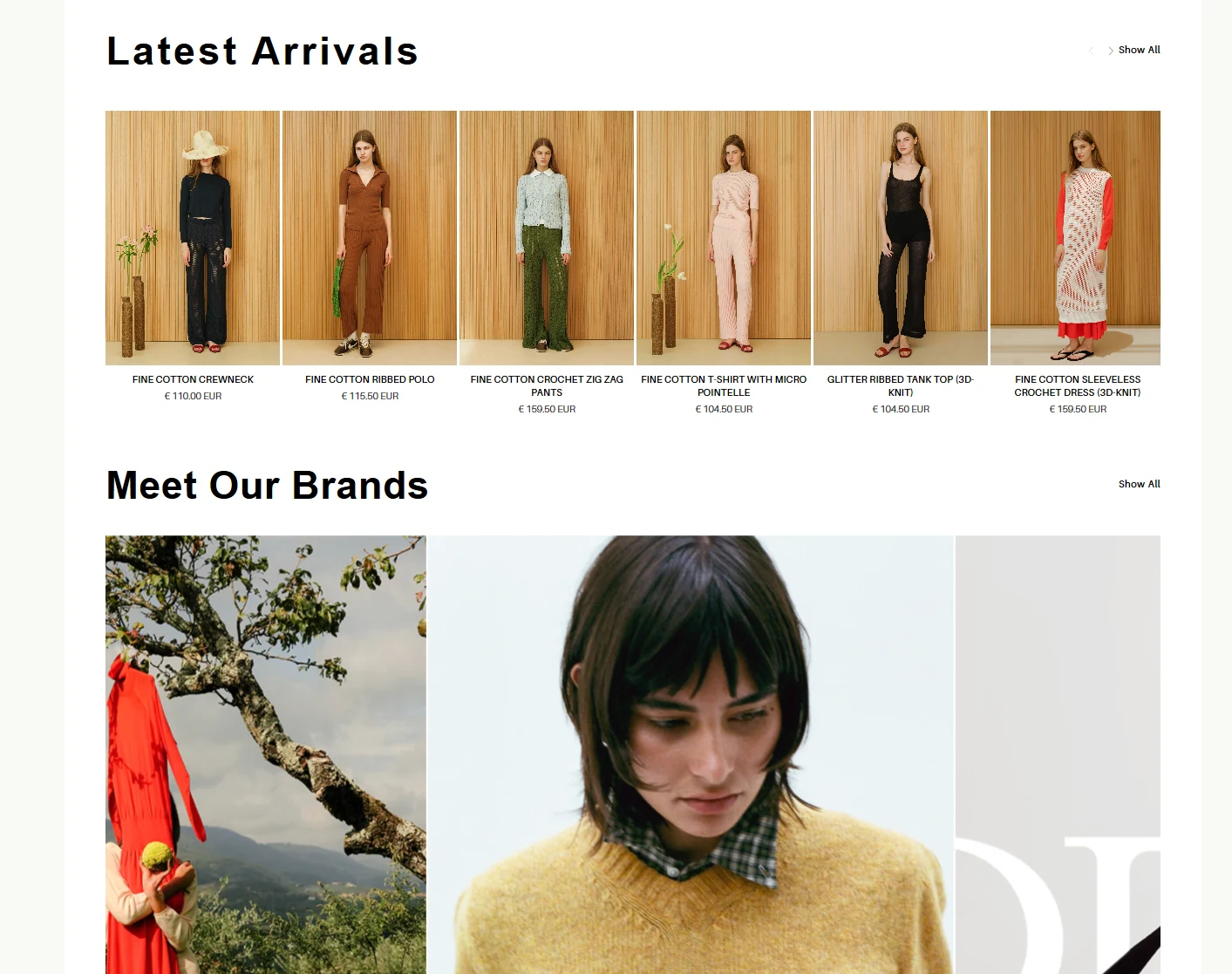 Startseite mit den Abschnitten Latest Arrivals und Meet Our Brands