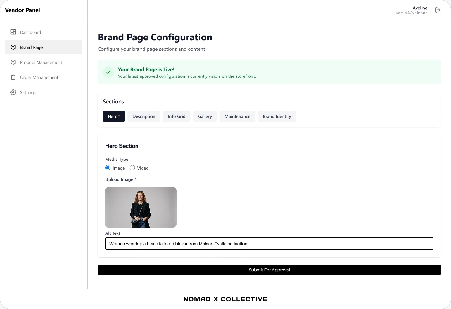 Konfiguration der Markenseite im Vendor-Panel mit Abschnittsreitern, Alternativtext und Freigabe