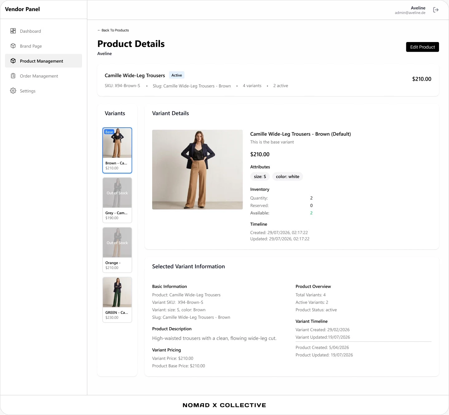 Produktdetail im Vendor-Panel mit Variantenliste, Attributen und Bestand aus Menge, reserviert und verfügbar
