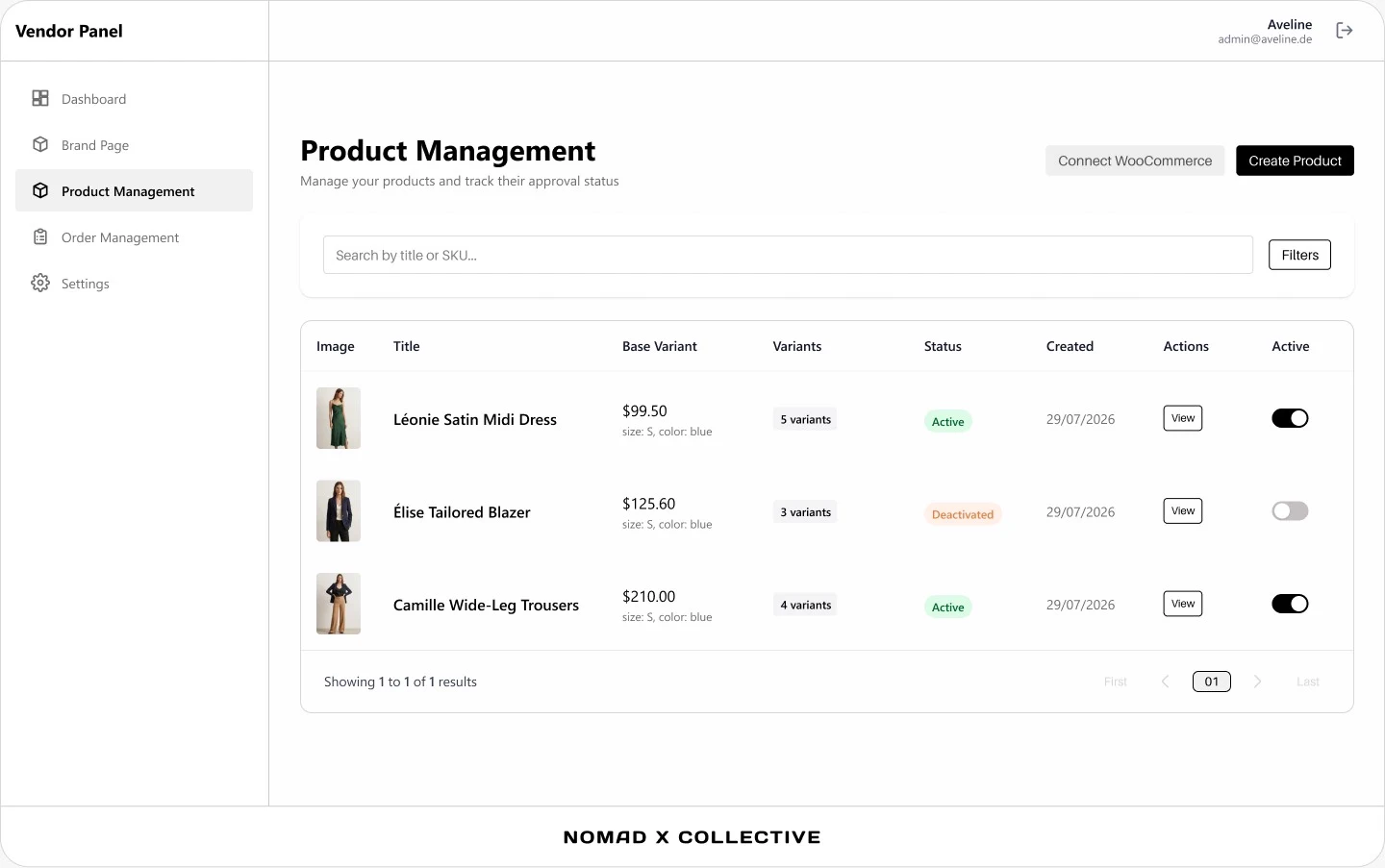 Produktverwaltung im Vendor-Panel mit Freigabestatus, Varianten und Aktiv-Schalter je Produkt
