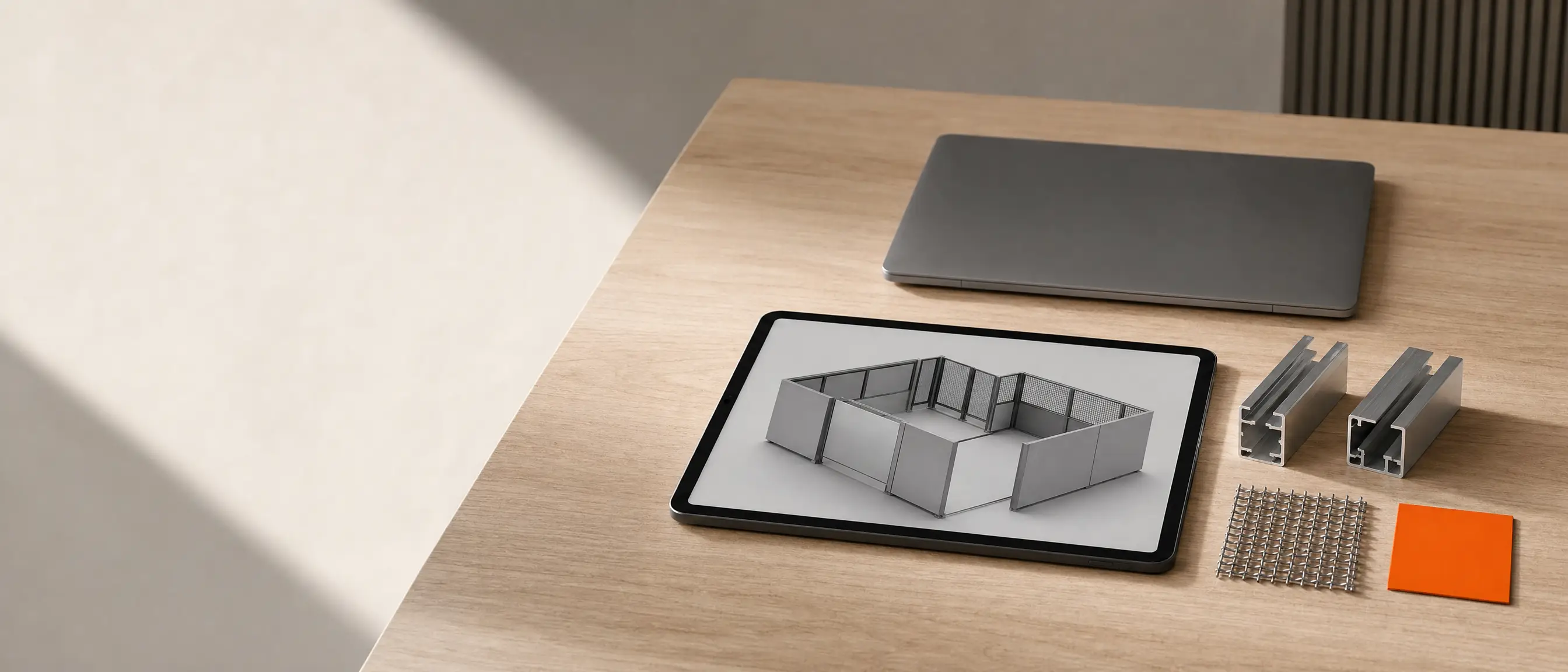 Illustration: ein Tablet mit einem grauen 3D-Modell einer Einhausung auf einem Eichentisch, daneben Aluminiumprofile, ein Drahtgitter-Muster und eine orange Stahlprobe.