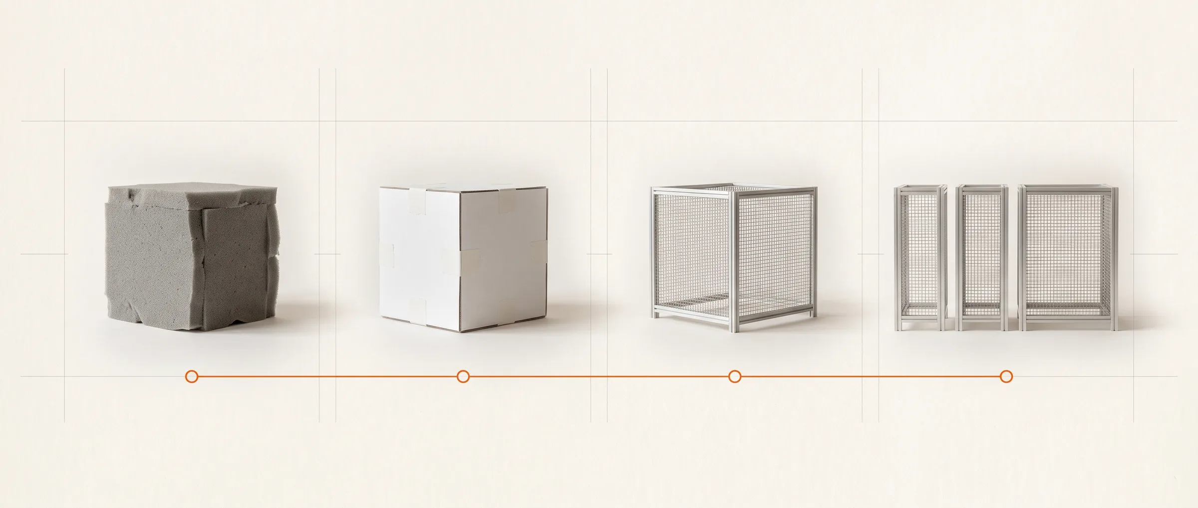 Vier Stationen auf hellem Papier, verbunden durch eine orange Linie: ein grob geschnittener Schaumstoffblock, ein weißes Kartonmodell, eine Einhausung aus Aluminiumprofilen mit Gitterwänden und drei solche Einhausungen in verschiedenen Breiten.