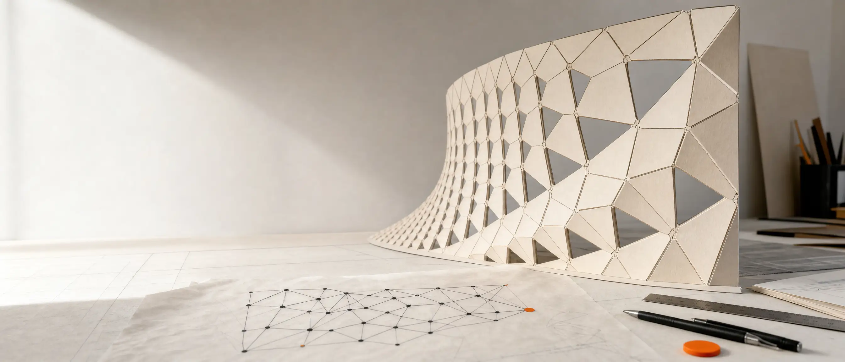 Illustration: ein geschwungenes Architekturmodell einer parametrischen Fassade aus dreieckigen Kartonpaneelen, deren Öffnungen zur Seite hin größer werden, davor Transparentpapier mit einem Knotendiagramm.