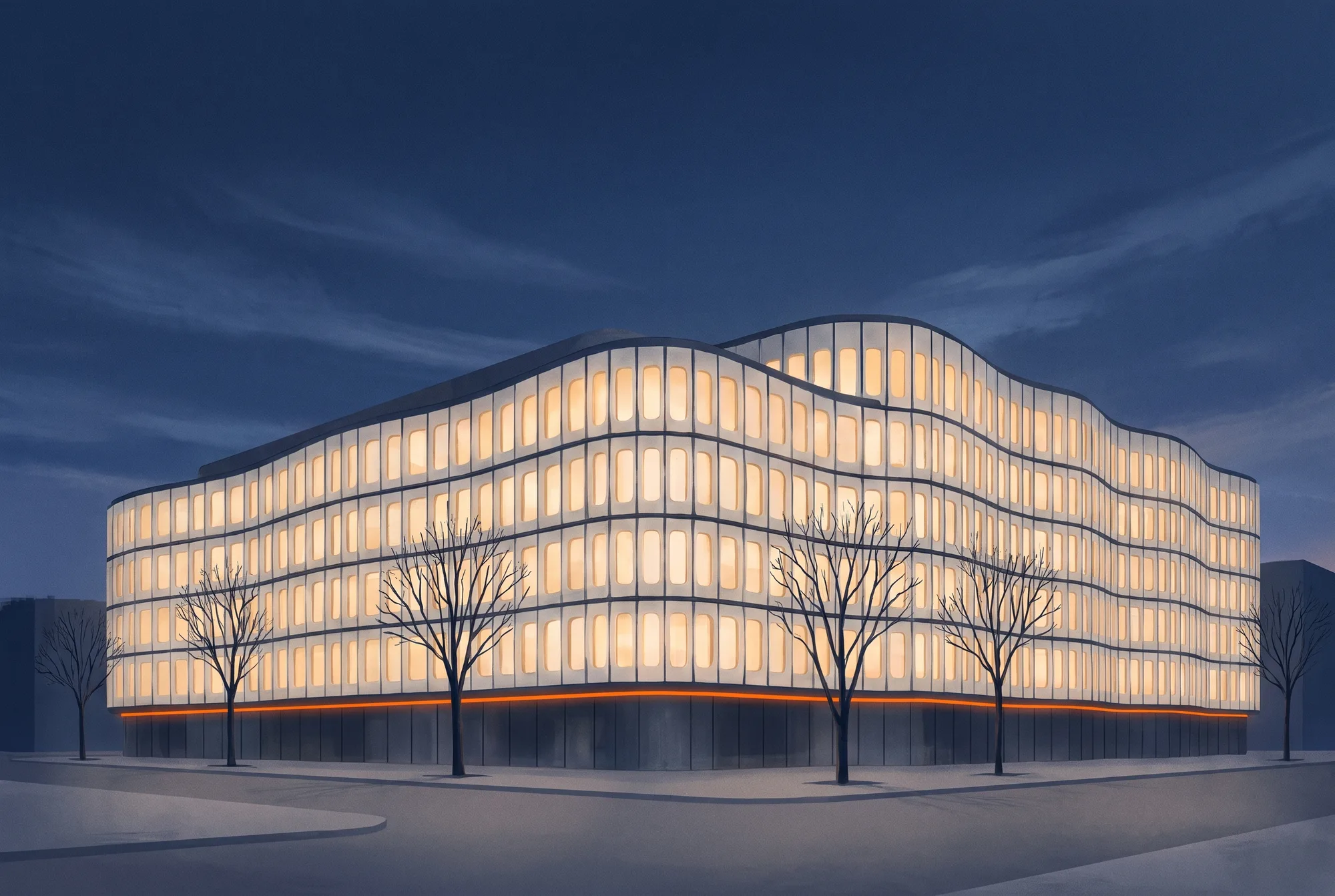 Illustration eines Bürogebäudes an einer Straßenecke in der Abenddämmerung, dessen helle Fassadenpaneele einer sanften Welle folgen, davor kahle Bäume und eine orange Lichtlinie am Sockel.