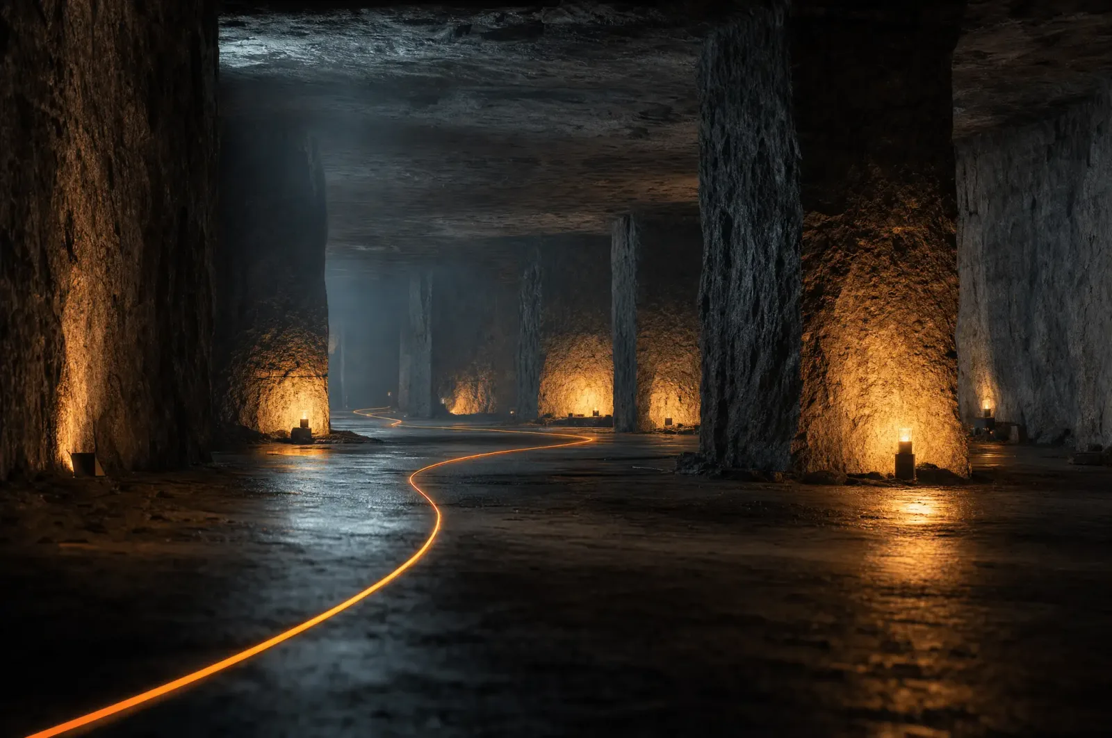 Unterirdischer Basaltlava-Keller mit behauenen Steinwänden, beleuchtet von warmen Lampen