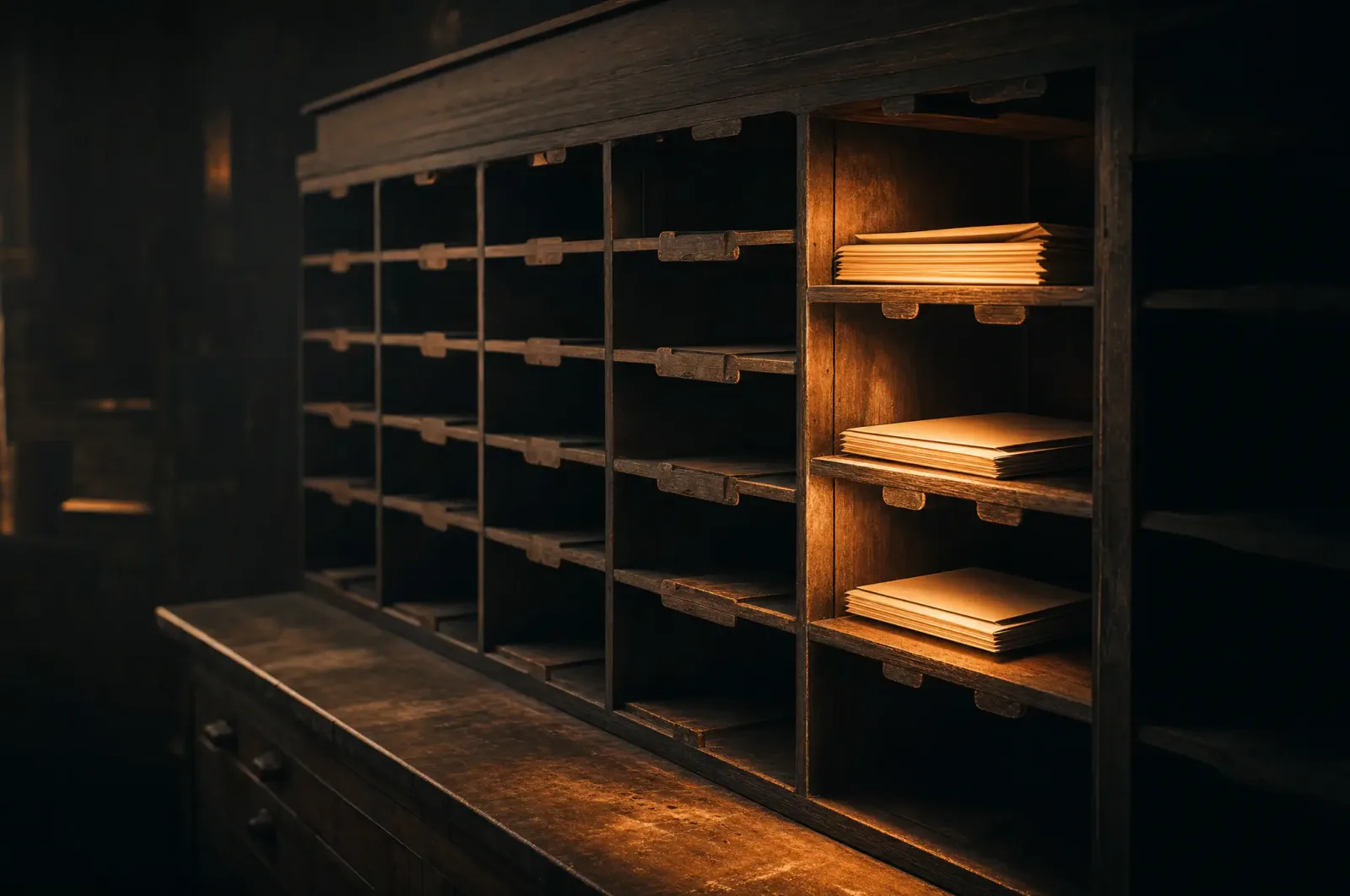 Ein hölzerner Sortierschrank mit vielen Fächern, wenige Fächer mit leeren Umschlägen im warmen orangen Licht
